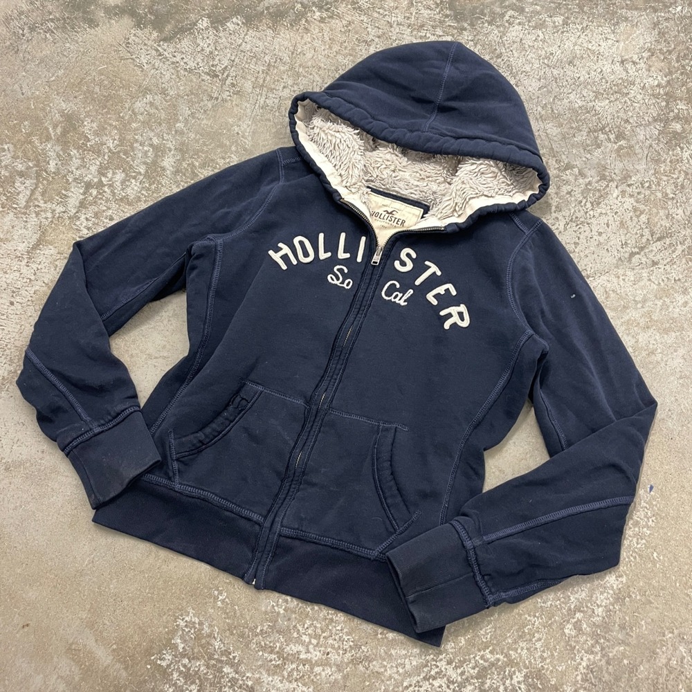 Hollister So Cal Navy Blue Sherpa Lined Full Zip Hoodie Womens Large - Picture 8 of 8